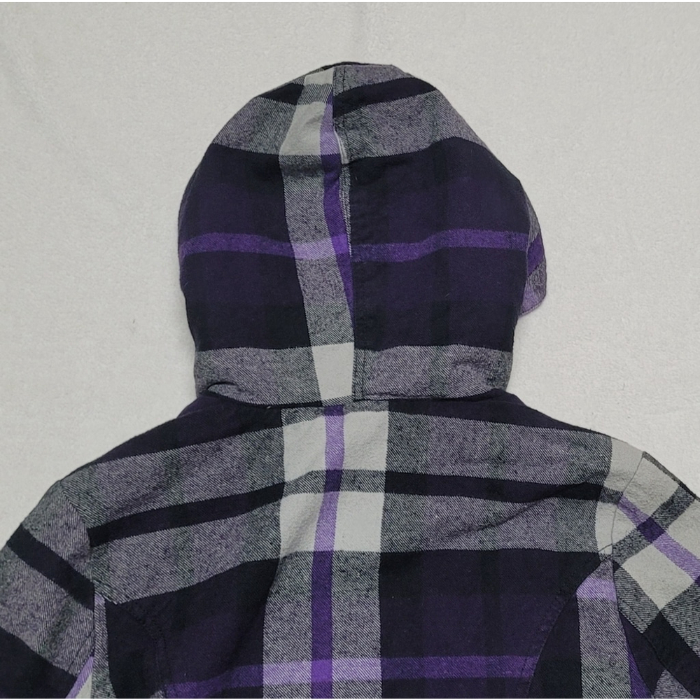 Fox Vintage Y2K Purple Plaid Flannel Black Faux Fur Lined Hooded Bomber Jacket - Picture 9 of 11